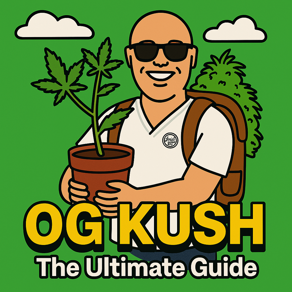 Cartoon of Josh D carrying a potted OG Kush plant across the country with a backpack full of cannabis; text reads “OG KUSH – The Ultimate Guide”