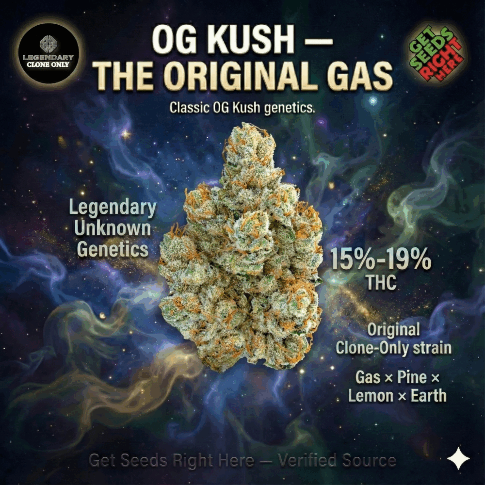 OG Kush cannabis flower graphic showing classic OG Kush buds with gas, pine, and lemon traits