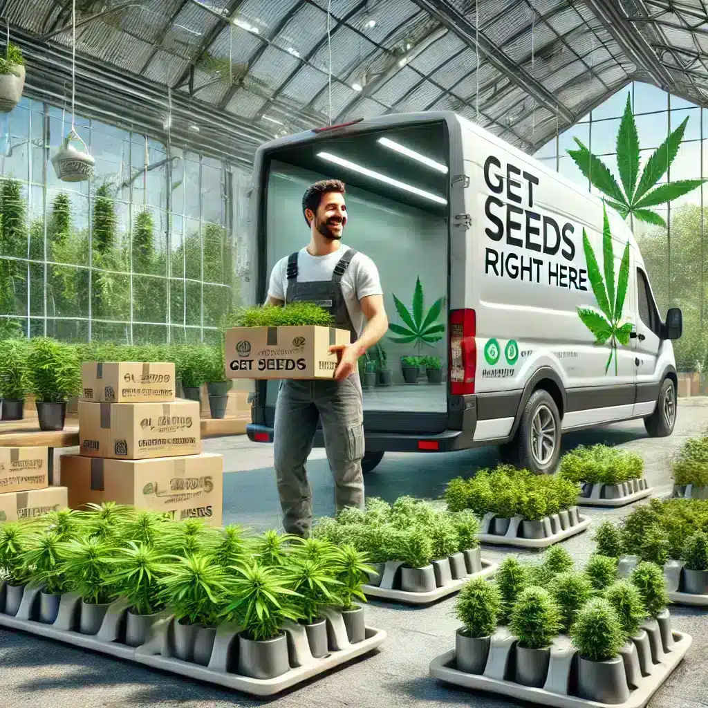 Packing cannabis clones in eco-friendly containers. Our vibrant plants come in a sleek, high-tech van.  A grower works in a lush greenhouse.