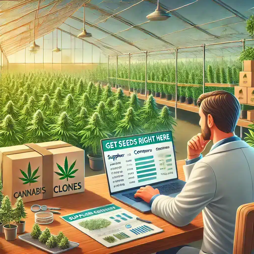 A grower is looking for cannabis clone suppliers in a professional workspace. There is a laptop with a comparison chart. Eco-friendly packaged clones are also present, there is a lush greenhouse filled with healthy cannabis plants.