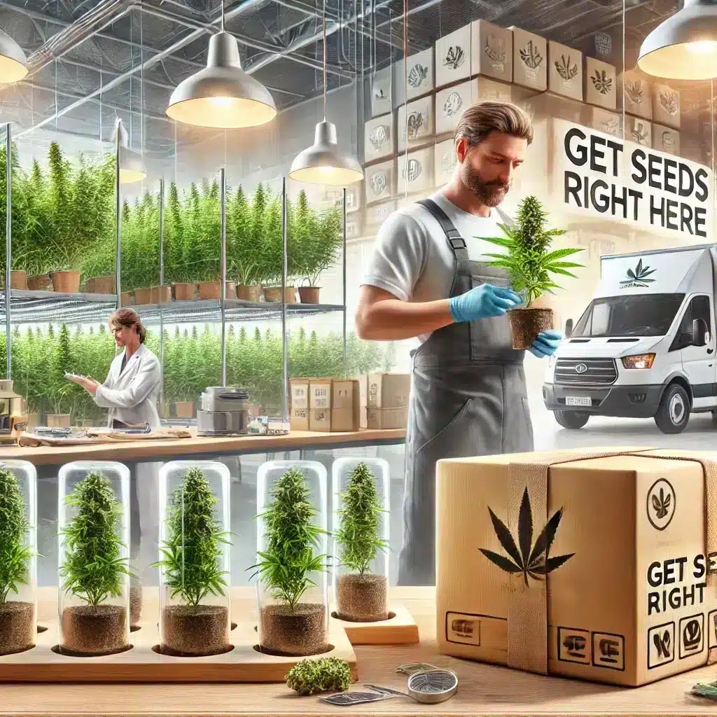 A grower in a lab clones cannabis plants.  In the background, there is a delivery van. 