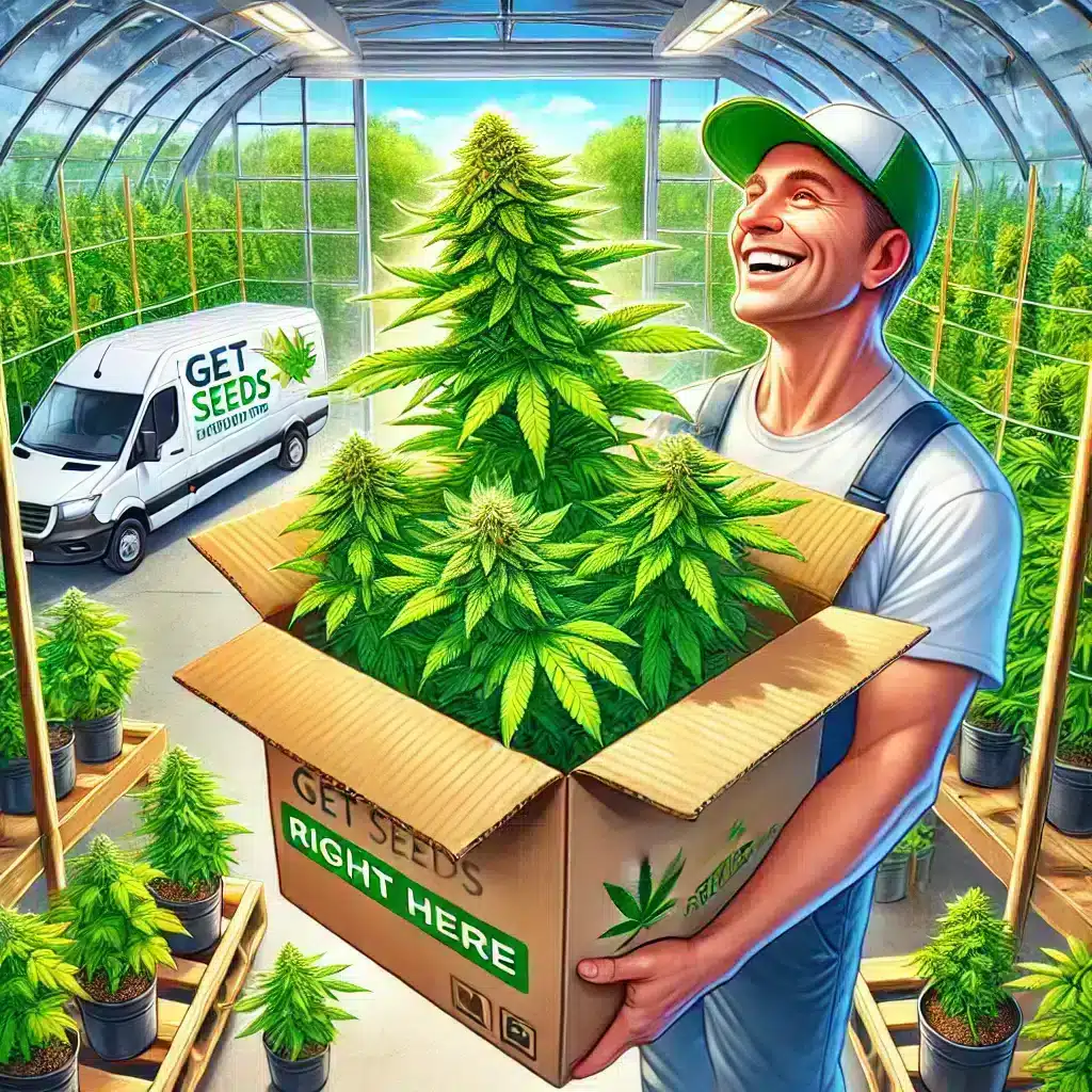 Healthy cannabis clones are thriving in a greenhouse in eco-friendly containers. These containers have the 'Get Seeds Right Here' logo. A delivery van is visible through the greenhouse windows.