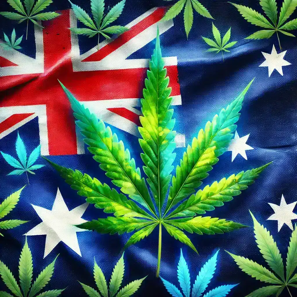 An artistic representation of the Australian flag blended with vibrant cannabis leaves, featuring the Union Jack and stars surrounded by lush green marijuana foliage.