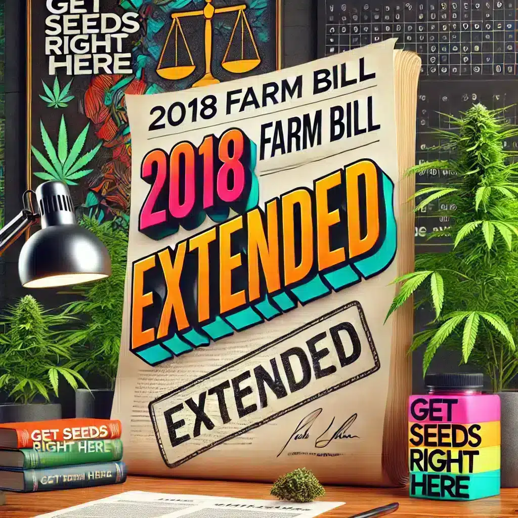 A bold announcement of the 2018 Farm Bill extension is here. It features a legal document stamped with 'EXTENDED.' There are cannabis plants and eco-friendly clone packaging that says, 'Get Seeds Right Here.' The modern workspace has a calendar marking the date.