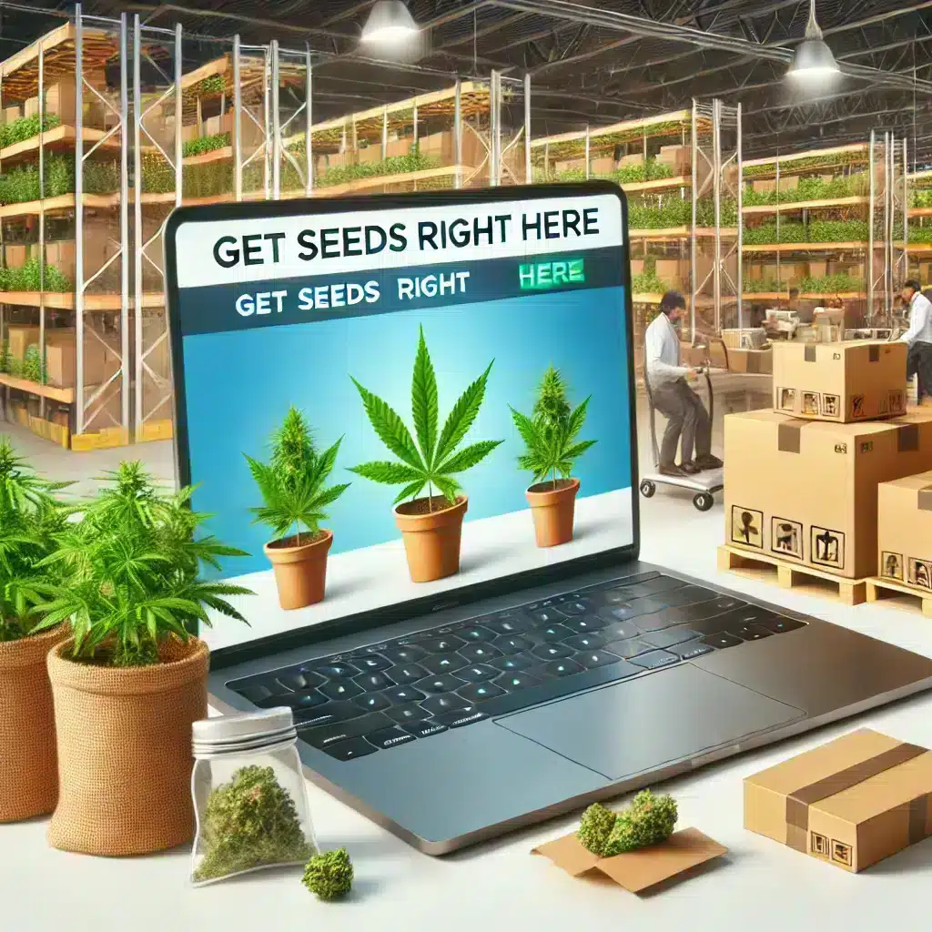 A laptop shows a cannabis e-commerce website with the 'Get Seeds Right Here' logo. Nearby, there are cannabis plants in eco-friendly packaging. In the background, a well-organized warehouse has staff preparing packages for shipping.