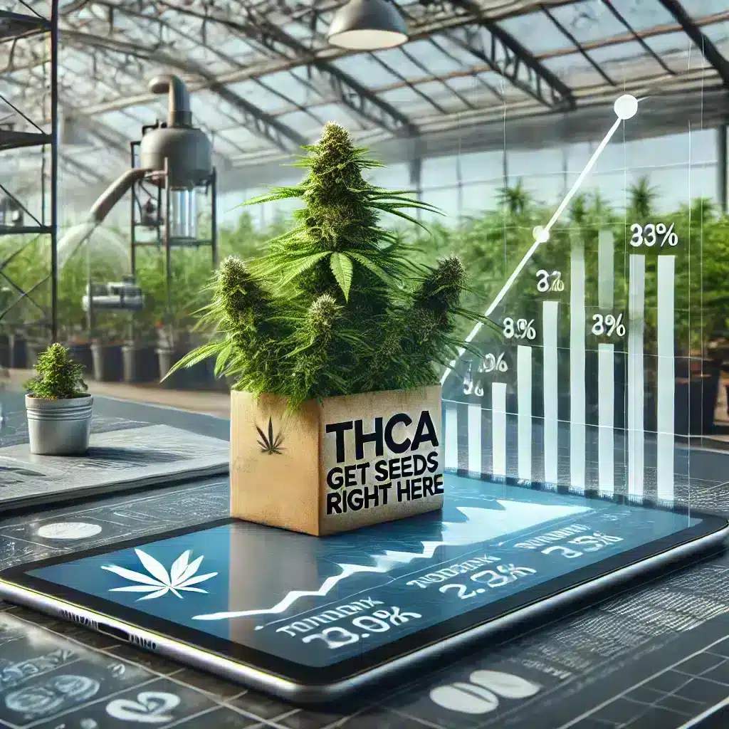 A digital tablet displaying a timeline graph of THCA's growth in the cannabis industry, surrounded by eco-friendly cannabis clone packaging branded with 'Get Seeds Right Here,' with a modern laboratory and greenhouse in the background.