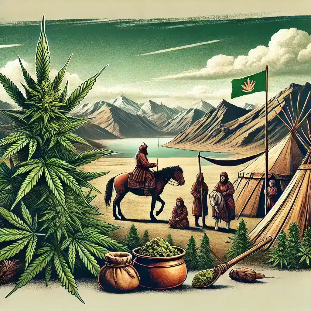 A beautiful Siberian landscape shows healthy cannabis plants in the front. Nomadic Scythians ride horses in the back. Traditional tents and tools represent the ancient cannabis culture of Siberia and Mongolia.