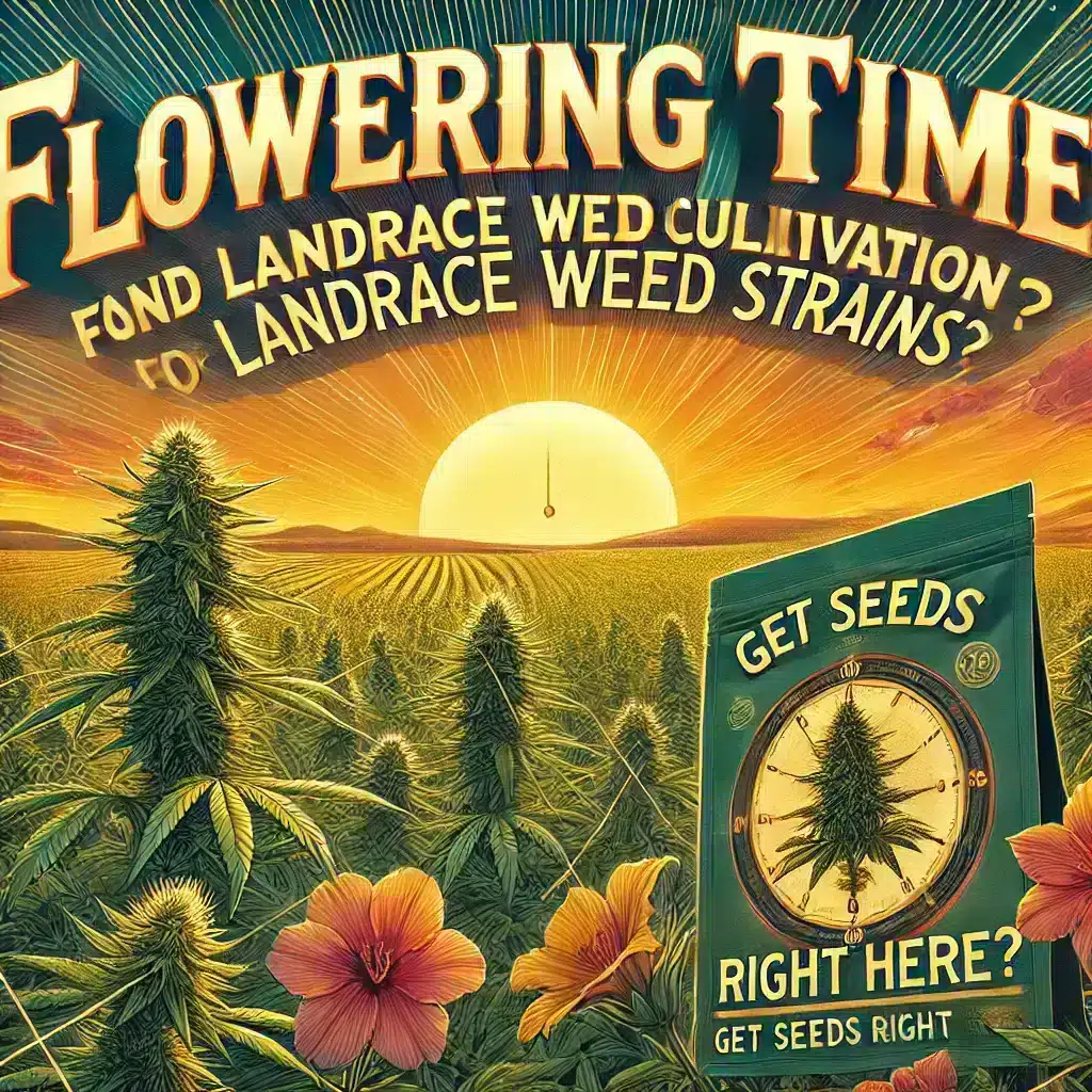 A bright picture shows a green cannabis field at sunset. Bold text reads, "Flowering Time: For Landrace Weed Cultivation." 