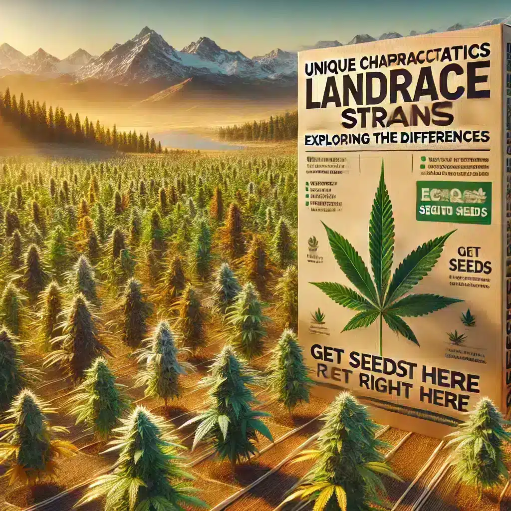 A very realistic cannabis field shows the text &quot;Unique Characteristics of Landrace Strains: Exploring the Differences.&quot; The text is in bold and easy-to-read English font. The field shows plants in different colors, heights, and leaf patterns. Eco-friendly packaging has the 'Get Seeds Right Here' logo clearly displayed in front.