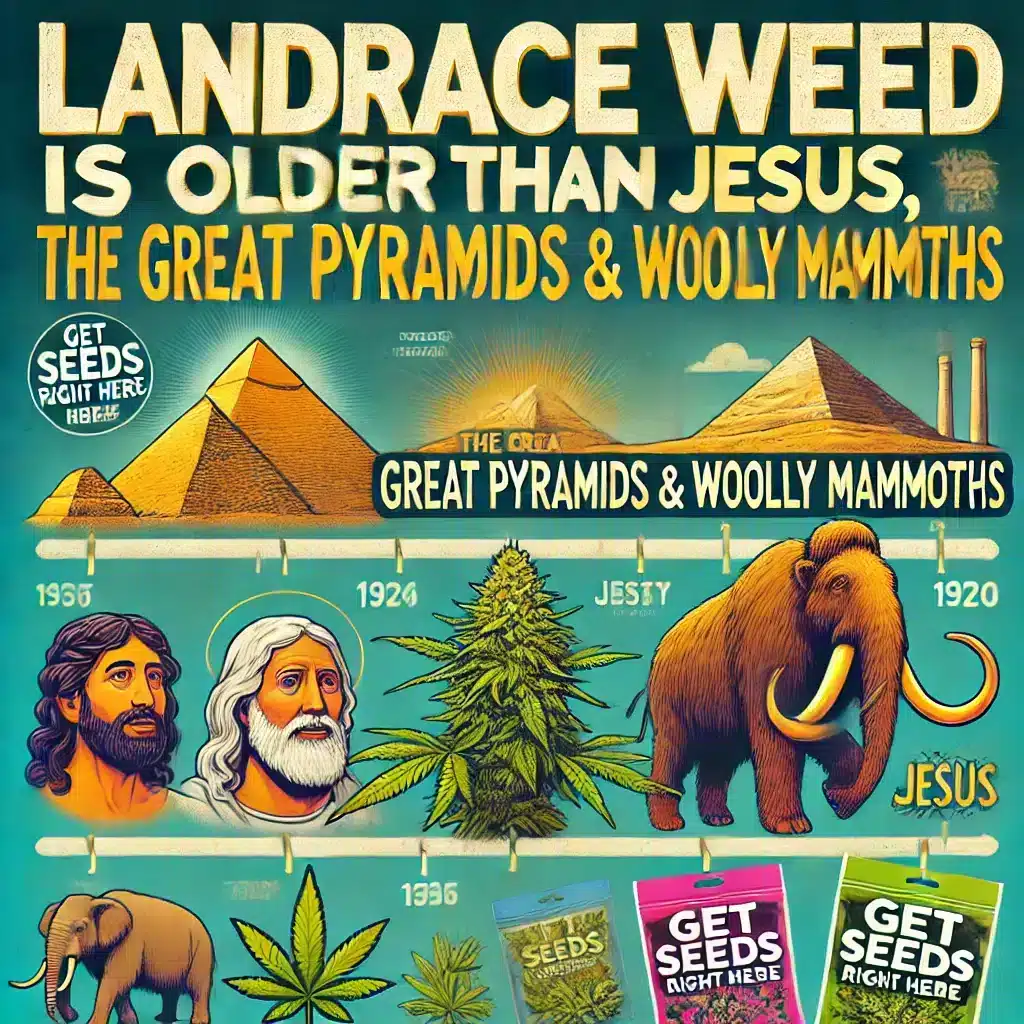 A clear timeline shows landrace cannabis strains next to ancient landmarks. These include the Great Pyramids, a woolly mammoth, and historical images. The text "Landrace Weed is Older Than Jesus, The Great Pyramids & Woolly Mammoths" is displayed in large, clear English font. Bright cannabis plants and eco-friendly packaging with the 'Get Seeds Right Here' logo stand out in the front.