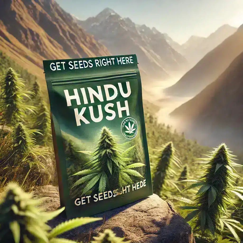 A photorealistic view of the Hindu Kush mountains with lush cannabis plants in the foreground. The text "Hindu Kush" is displayed in bold, clear English font. Eco-friendly packaging with the 'Get Seeds Right Here' logo is placed near the plants. This shows our focus on sustainability and authenticity.
