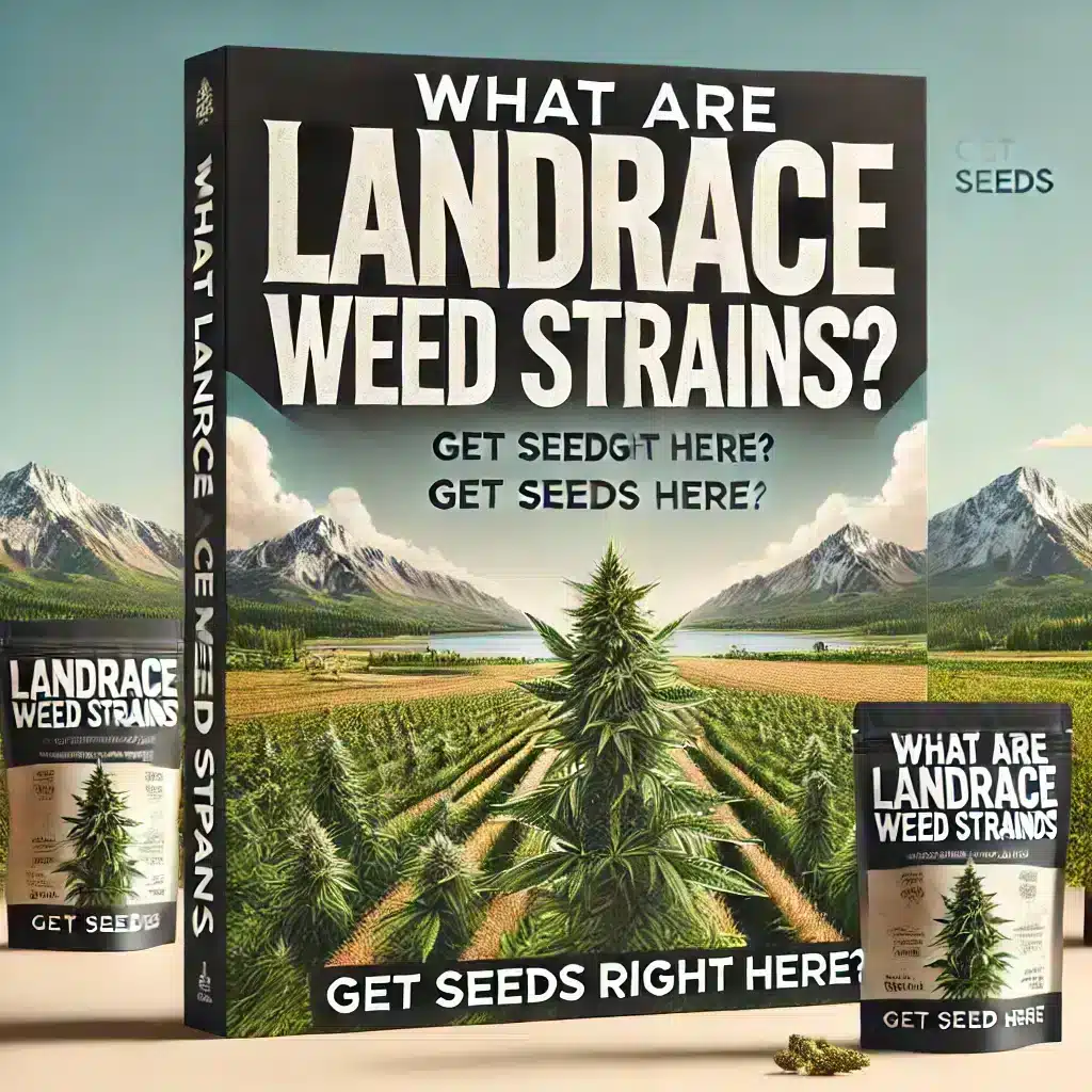 A cannabis field sits with mountains behind it. Bold text says, &quot;What are Landrace Weed Strains?&quot;Get Seeds Right Here.&quot;