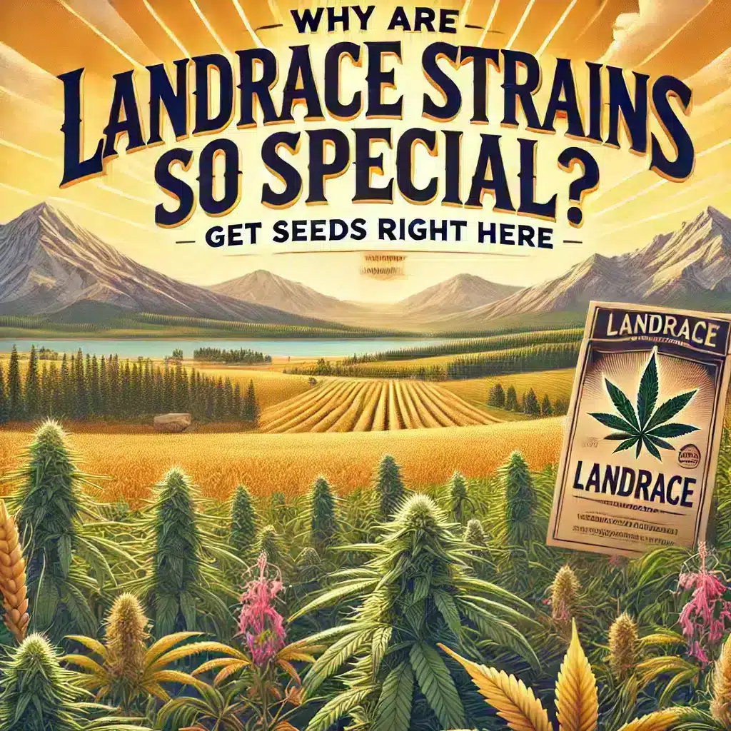 A lush cannabis field with a mountain backdrop under golden sunlight. The text "Why Are Landrace Strains So Special?" is displayed in bold, clear font, along with "Get Seeds Right Here" branding on prominent packaging.