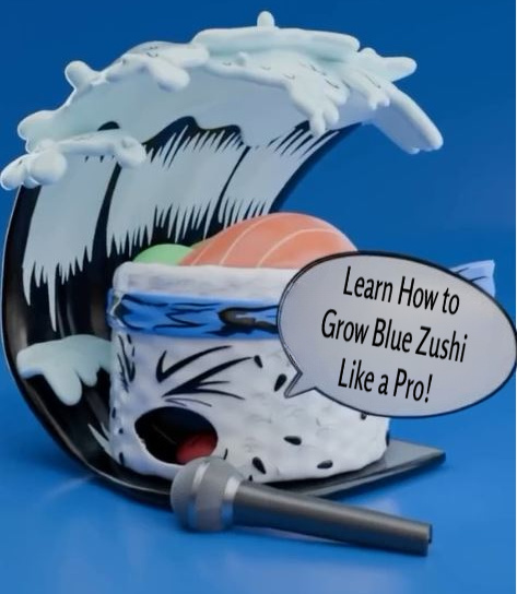 Cartoon sushi roll character under a crashing wave with a salmon topping and a microphone in front, saying "Learn How to Grow Blue Zushi Like a Pro!"—a playful promo image for growing Blue Zushi clones.