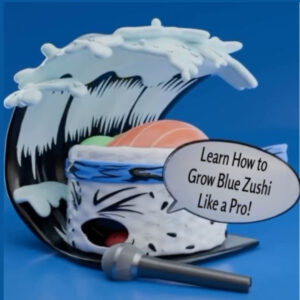 Cartoon sushi roll character under a crashing wave with a salmon topping and a microphone in front, saying "Learn How to Grow Blue Zushi Like a Pro!"&mdash;a playful promo image for growing Blue Zushi clones.