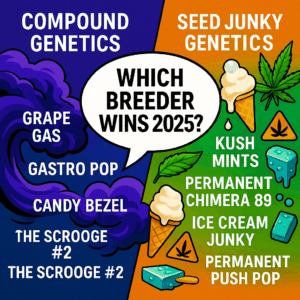 Colorful cannabis breeder comparison artwork showing Compound Genetics vs Seed Junky Genetics with strain names and &ldquo;Which Breeder Wins 2025?&rdquo; in a speech bubble