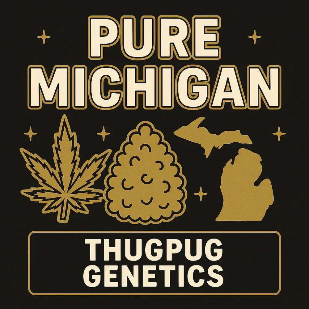Pure Michigan cannabis strain guide logo by ThugPug Genetics featuring cannabis leaf and state outline