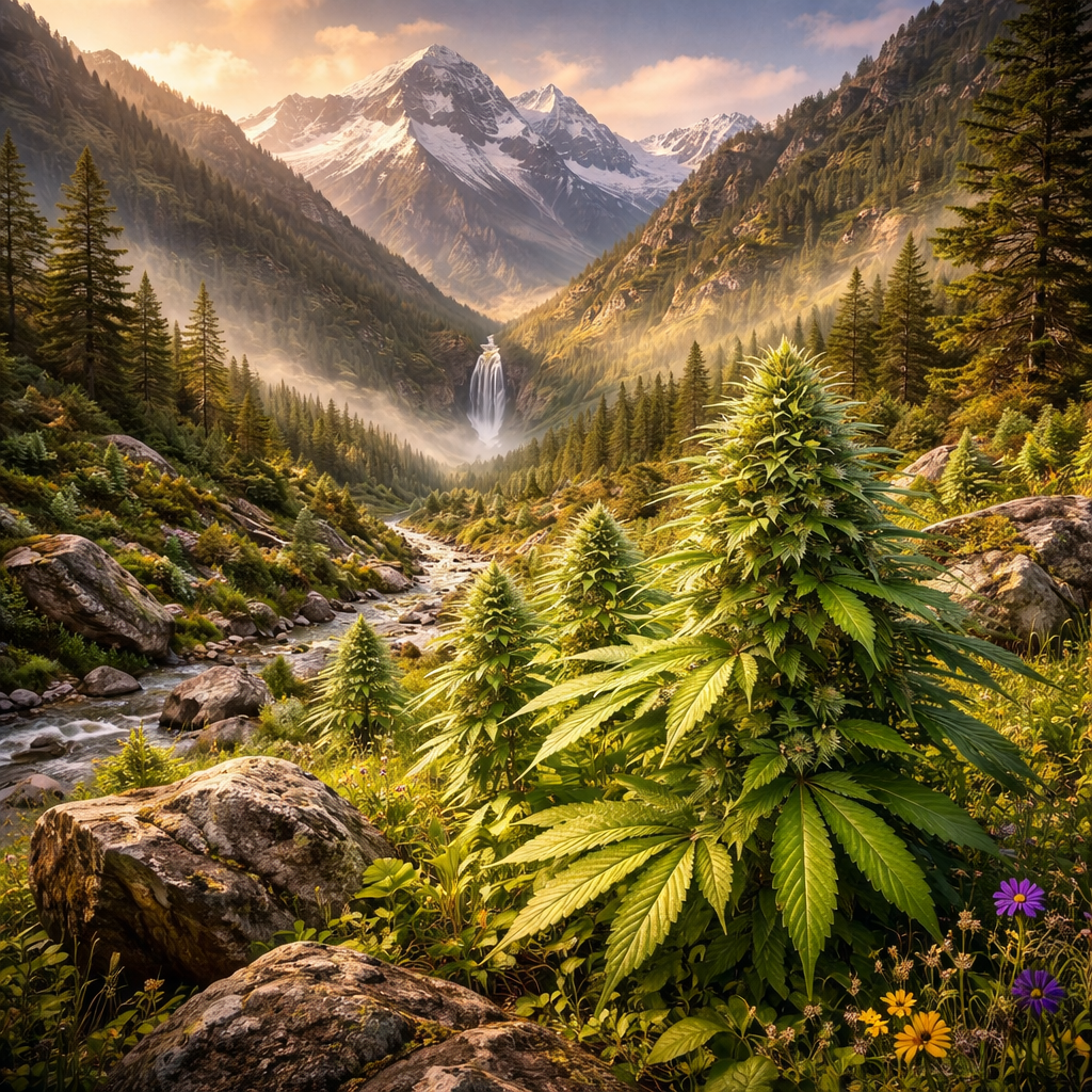 Wild cannabis thriving in its natural rugged habitat in the Hindu Kush