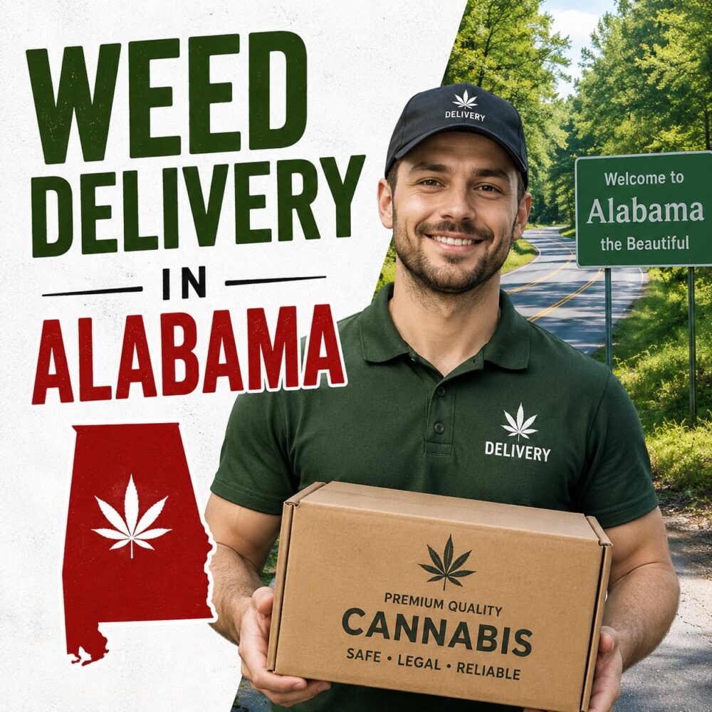Weed delivery in Alabama driver in a cannabis-leaf cap holding a box of premium quality cannabis beside a Welcome to Alabama road sign
