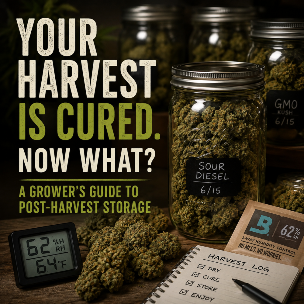 Cured cannabis buds stored in sealed glass mason jars with a hygrometer reading 62% RH and a two-way humidity control pack