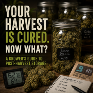 Cured cannabis buds stored in sealed glass mason jars with a hygrometer reading 62% RH and a two-way humidity control pack